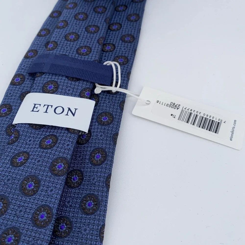 Eton Silk Tie Mens Blue Medallion Pattern Made In Italy Dress Business Necktie